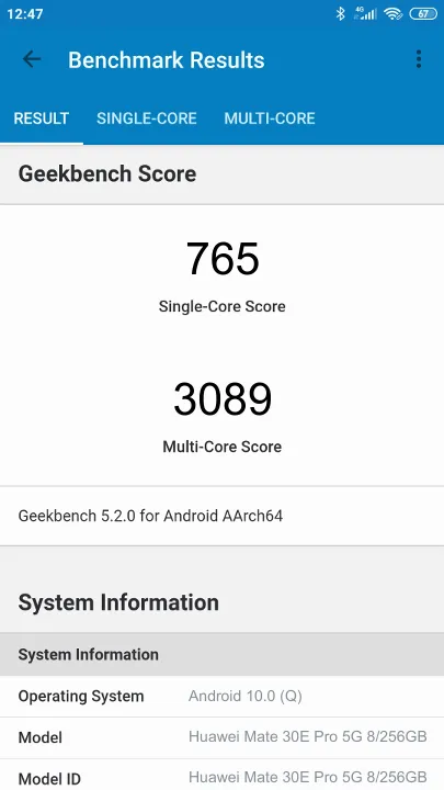 Huawei Mate 30E Pro 5G 8/256GB Geekbench Benchmark результаты теста (score / баллы)