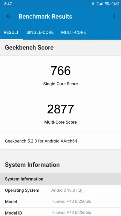 Huawei P40 8/256Gb Geekbench Benchmark результаты теста (score / баллы)