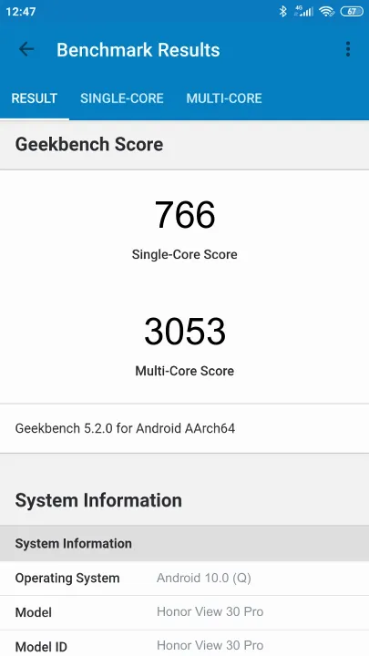 Honor View 30 Pro Geekbench Benchmark результаты теста (score / баллы)