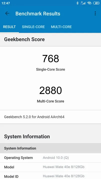 Huawei Mate 40e 8/128Gb Geekbench Benchmark результаты теста (score / баллы)