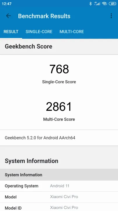 Xiaomi Civi Pro Geekbench Benchmark результаты теста (score / баллы)