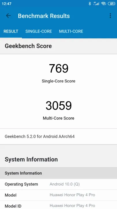 Huawei Honor Play 4 Pro Geekbench Benchmark результаты теста (score / баллы)