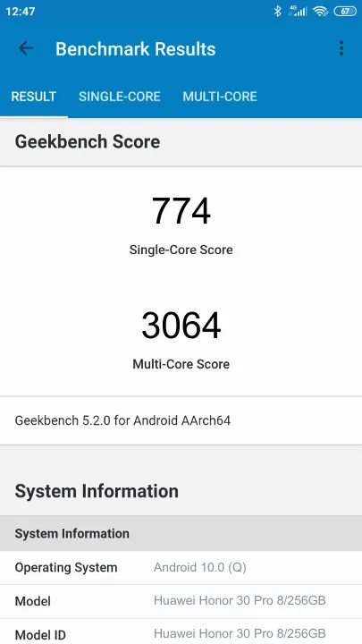 Huawei Honor 30 Pro 8/256GB Geekbench Benchmark результаты теста (score / баллы)