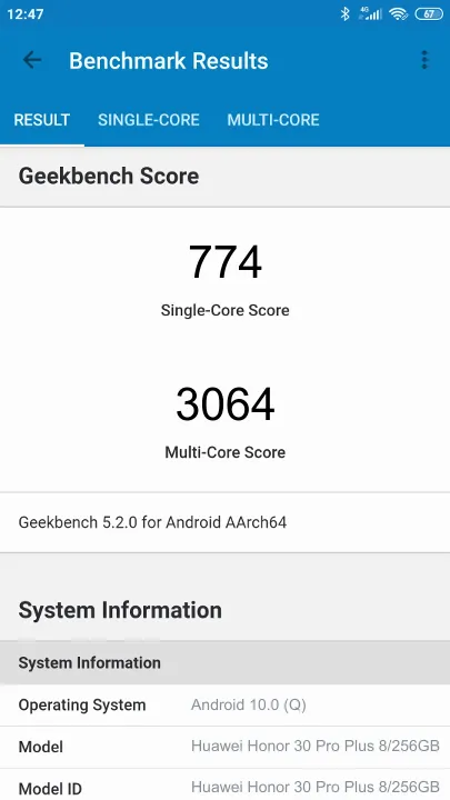 Huawei Honor 30 Pro Plus 8/256GB Geekbench Benchmark результаты теста (score / баллы)
