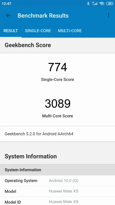 Huawei Mate XS Geekbench Benchmark результаты теста (score / баллы)