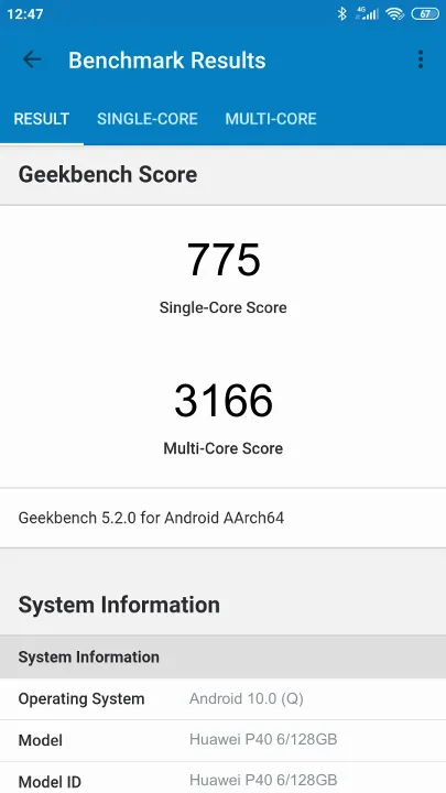 Huawei P40 6/128GB Geekbench Benchmark результаты теста (score / баллы)