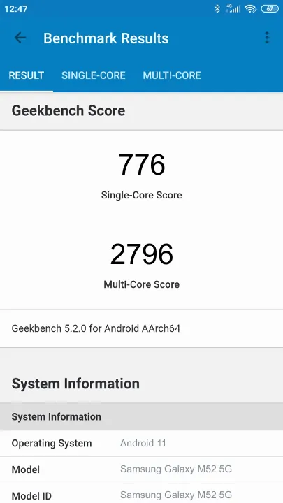 Samsung Galaxy M52 5G Geekbench Benchmark результаты теста (score / баллы)