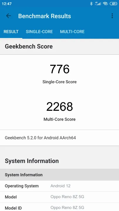 Oppo Reno 8Z 5G Geekbench Benchmark результаты теста (score / баллы)