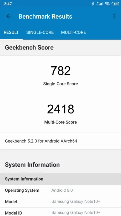 Samsung Galaxy Note10+ Geekbench Benchmark результаты теста (score / баллы)