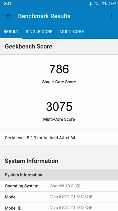 Vivo iQOO Z1 6/128GB Geekbench Benchmark результаты теста (score / баллы)