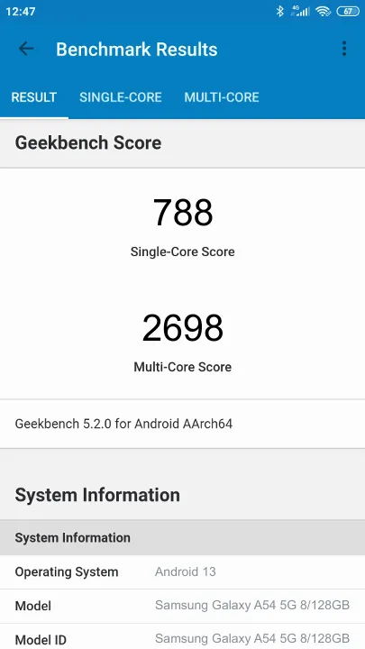 Samsung Galaxy A54 5G 8/128GB Geekbench Benchmark результаты теста (score / баллы)