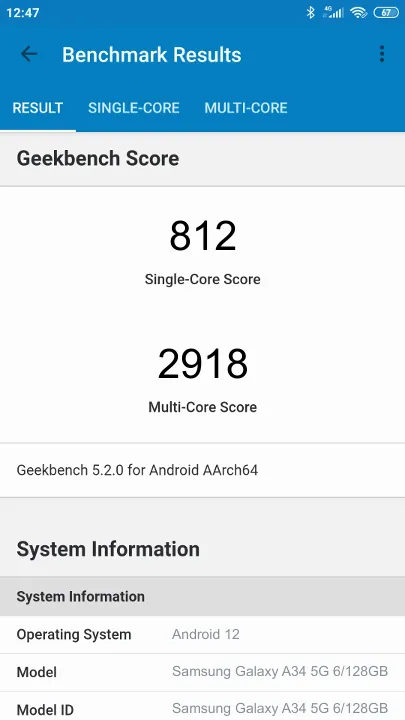 Samsung Galaxy A34 5G 6/128GB Geekbench Benchmark результаты теста (score / баллы)