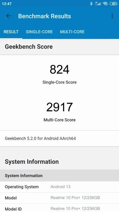 Realme 10 Pro+ 12/256GB Geekbench Benchmark результаты теста (score / баллы)
