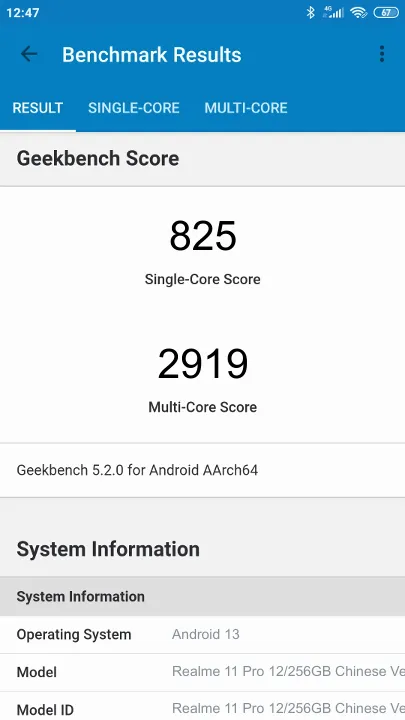 Realme 11 Pro 12/256GB Chinese Version Geekbench Benchmark результаты теста (score / баллы)