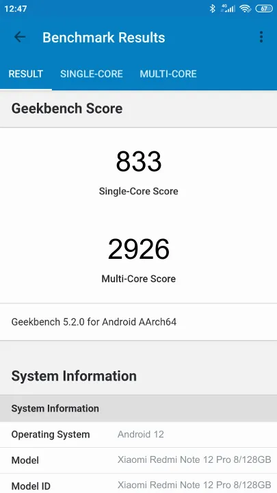 Xiaomi Redmi Note 12 Pro 8/128GB Geekbench Benchmark результаты теста (score / баллы)