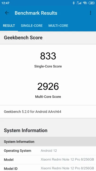 Xiaomi Redmi Note 12 Pro 8/256GB Geekbench Benchmark результаты теста (score / баллы)