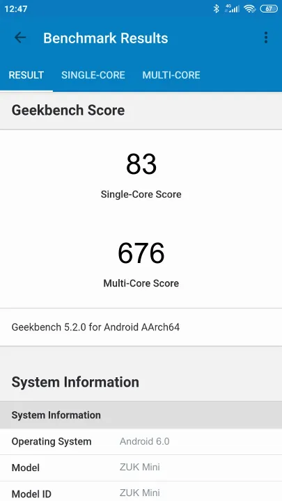 ZUK Mini Geekbench Benchmark результаты теста (score / баллы)
