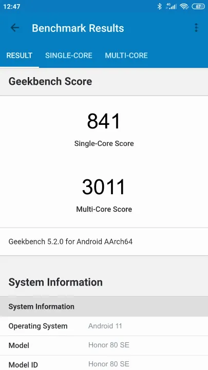 Honor 80 SE Geekbench Benchmark результаты теста (score / баллы)