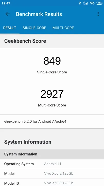 Vivo X60 8/128Gb Geekbench Benchmark результаты теста (score / баллы)