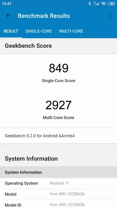 Vivo X60 12/256Gb Geekbench Benchmark результаты теста (score / баллы)