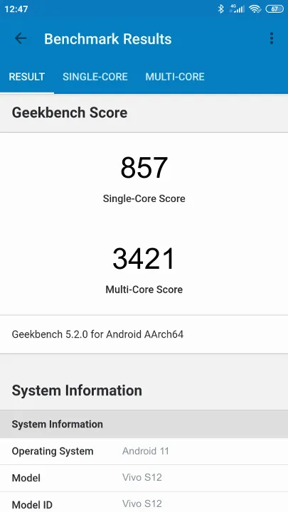 Vivo S12 Geekbench Benchmark результаты теста (score / баллы)