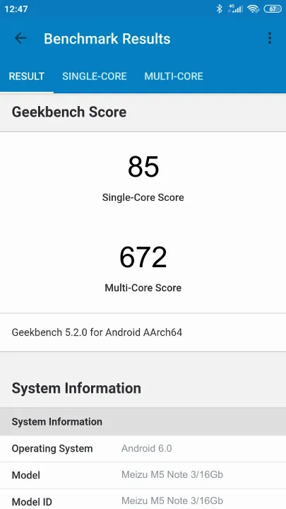Meizu M5 Note 3/16Gb Geekbench Benchmark результаты теста (score / баллы)