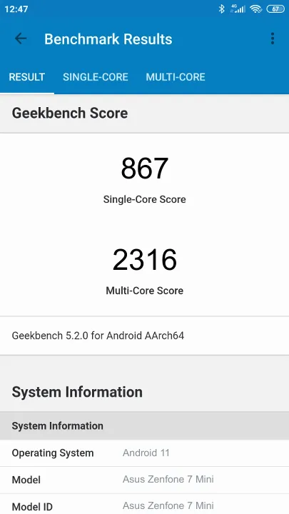 Asus Zenfone 7 Mini Geekbench Benchmark результаты теста (score / баллы)