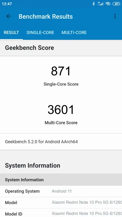 Xiaomi Redmi Note 10 Pro 5G 6/128Gb Geekbench Benchmark результаты теста (score / баллы)