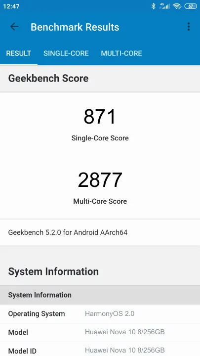 Huawei Nova 10 8/256GB Geekbench Benchmark результаты теста (score / баллы)
