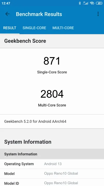 Oppo Reno10 Global Geekbench Benchmark результаты теста (score / баллы)