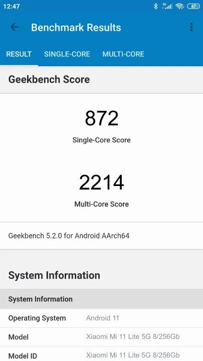 Xiaomi Mi 11 Lite 5G 8/256Gb Geekbench Benchmark результаты теста (score / баллы)