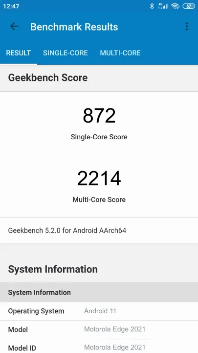 Motorola Edge 2021 Geekbench Benchmark результаты теста (score / баллы)