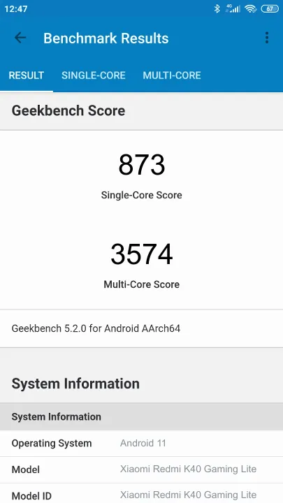 Xiaomi Redmi K40 Gaming Lite Geekbench Benchmark результаты теста (score / баллы)