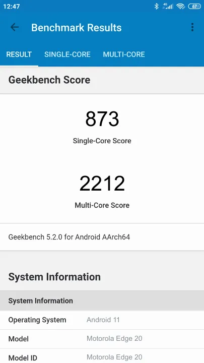 Motorola Edge 20 Geekbench Benchmark результаты теста (score / баллы)