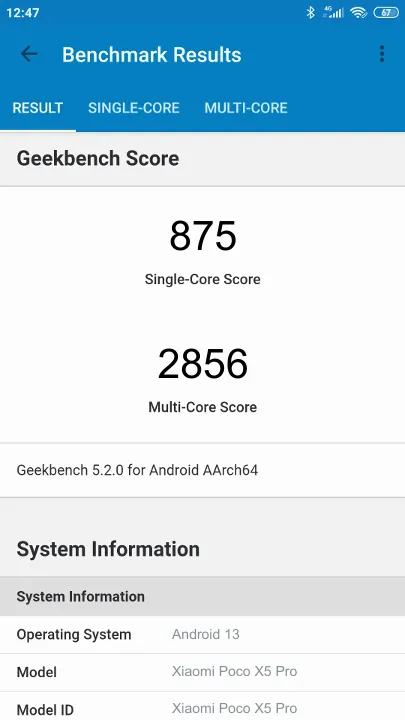 Xiaomi Poco X5 Pro 5G 6/128GB Geekbench Benchmark результаты теста (score / баллы)