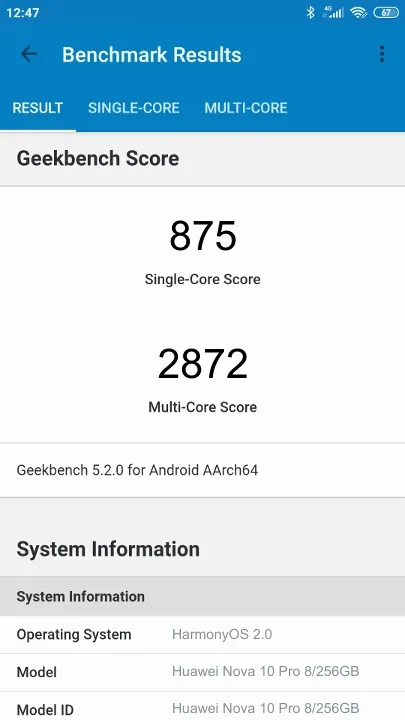 Huawei Nova 10 Pro 8/256GB Geekbench Benchmark результаты теста (score / баллы)