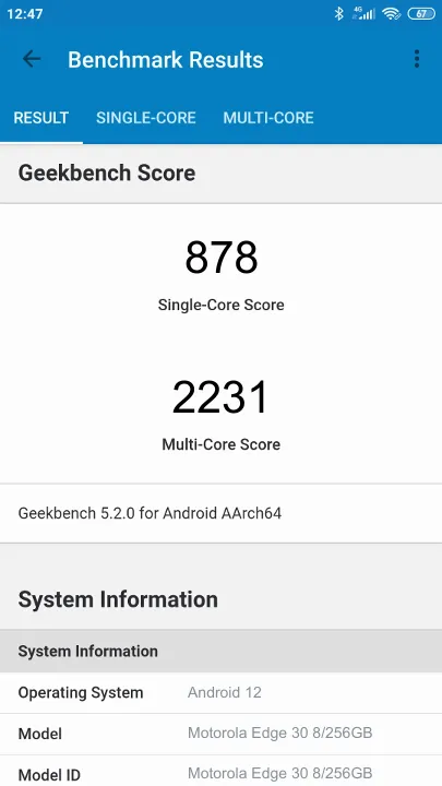 Motorola Edge 30 8/256GB Geekbench Benchmark результаты теста (score / баллы)