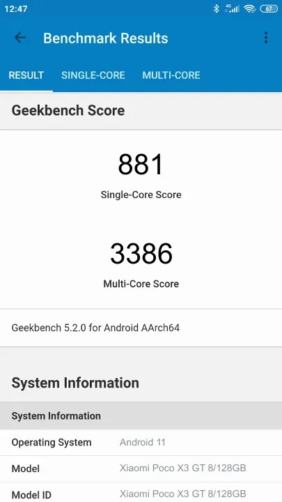 Xiaomi Poco X3 GT 8/128GB Geekbench Benchmark результаты теста (score / баллы)