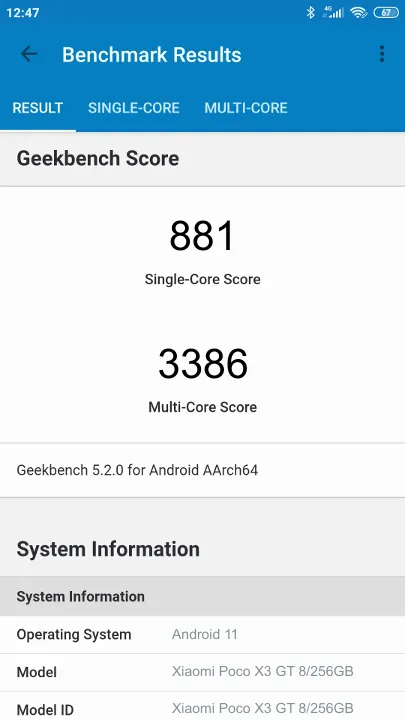 Xiaomi Poco X3 GT 8/256GB Geekbench Benchmark результаты теста (score / баллы)