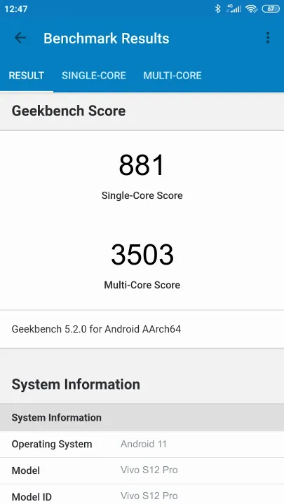Vivo S12 Pro Geekbench Benchmark результаты теста (score / баллы)