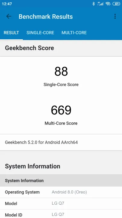 LG Q7 Geekbench Benchmark результаты теста (score / баллы)