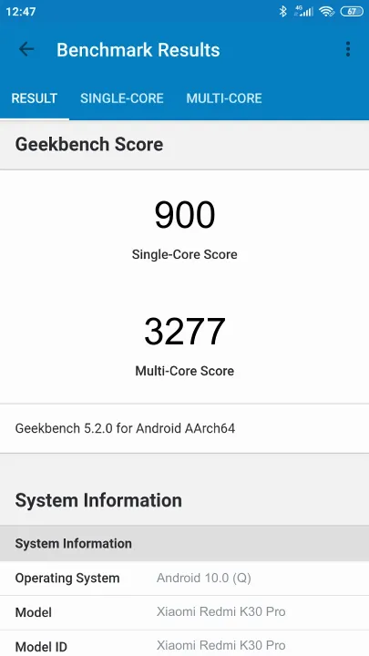 Xiaomi Redmi K30 Pro Geekbench Benchmark результаты теста (score / баллы)