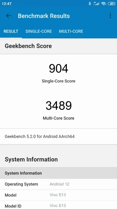 Vivo S13 Geekbench Benchmark результаты теста (score / баллы)