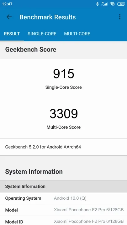 Xiaomi Pocophone F2 Pro 6/128GB Geekbench Benchmark результаты теста (score / баллы)