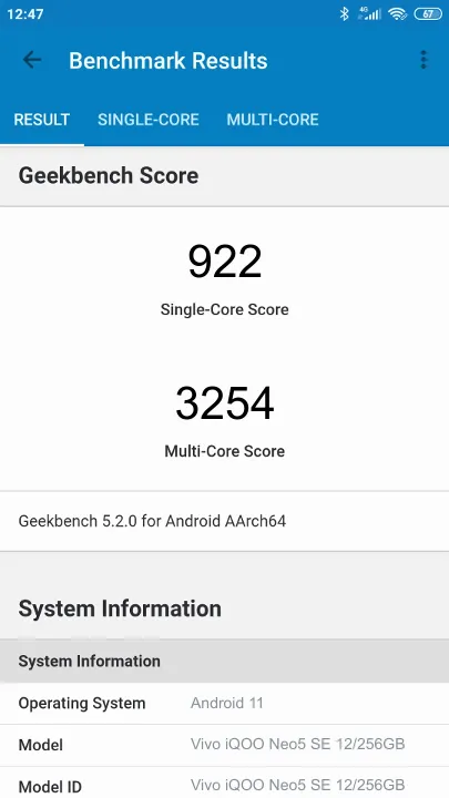 Vivo iQOO Neo5 SE 12/256GB Geekbench Benchmark результаты теста (score / баллы)