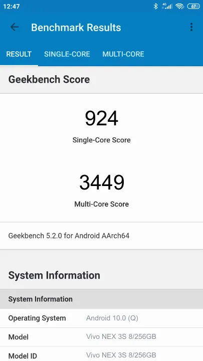 Vivo NEX 3S 8/256GB Geekbench Benchmark результаты теста (score / баллы)