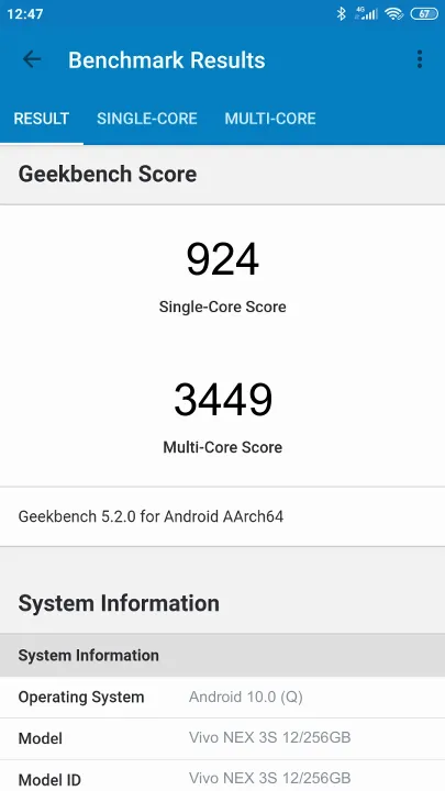 Vivo NEX 3S 12/256GB Geekbench Benchmark результаты теста (score / баллы)