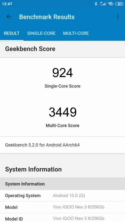Vivo IQOO Neo 3 8/256Gb Geekbench Benchmark результаты теста (score / баллы)