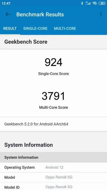 Oppo Reno8 5G 8/128GB Geekbench Benchmark результаты теста (score / баллы)