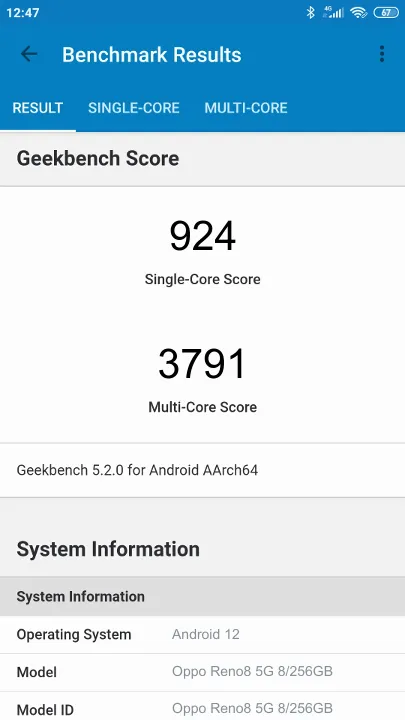 Oppo Reno8 5G 8/256GB Geekbench Benchmark результаты теста (score / баллы)